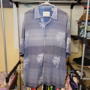 Thums Up For Him Hawaiian Shirt SS Full Button Blue Stripes w/ Palms - Size XL